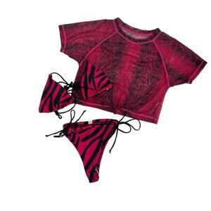 Pink Black Animal Print Women’s Padded Short Sleeve 3 Piece Bikini Swimsuit Sz M